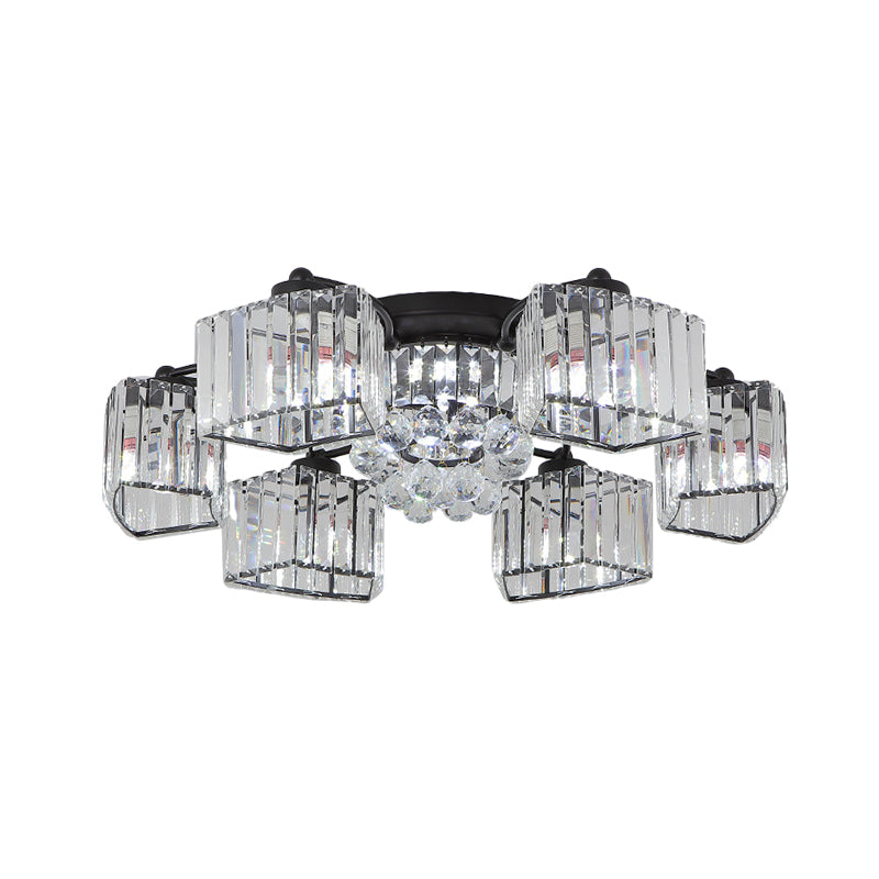 Modern Semi Flush Mount with Clear Crystals and Sleek Black Finish - 3/6 Heads Trapezoid Design