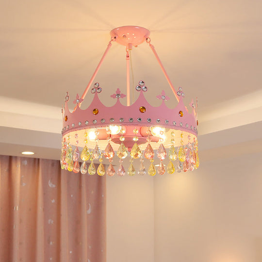 Modern Pink Crystal Semi Mount Ceiling Light Fixture with 3/5 Lights, Crown Design for Bedroom - 12"/18" Wide