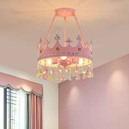 Modern Pink Crystal Semi Mount Ceiling Light Fixture with 3/5 Lights, Crown Design for Bedroom - 12"/18" Wide