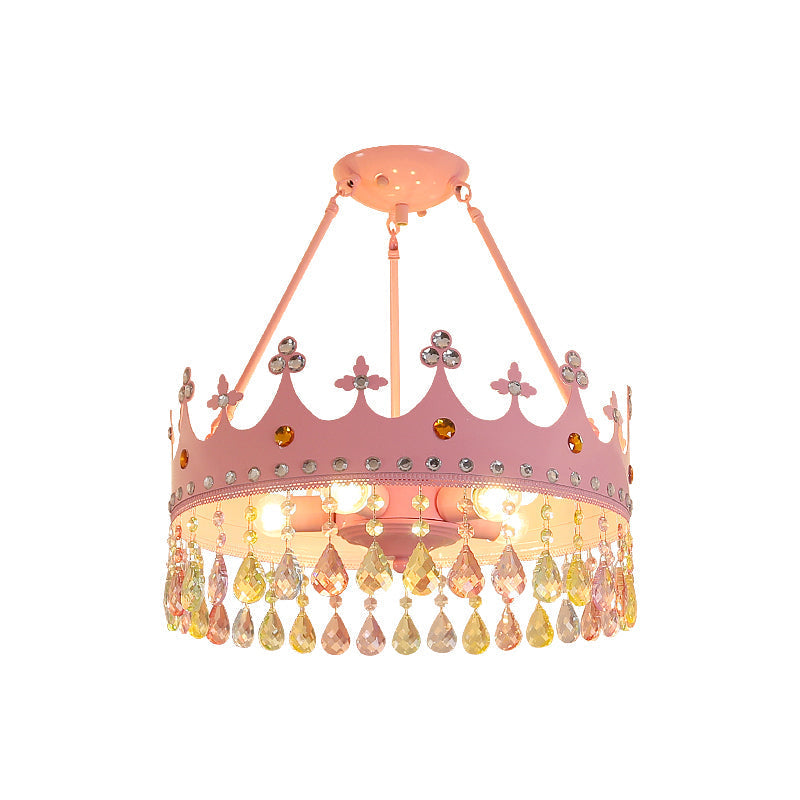 Modern Pink Crystal Semi Mount Ceiling Light Fixture with 3/5 Lights, Crown Design for Bedroom - 12"/18" Wide