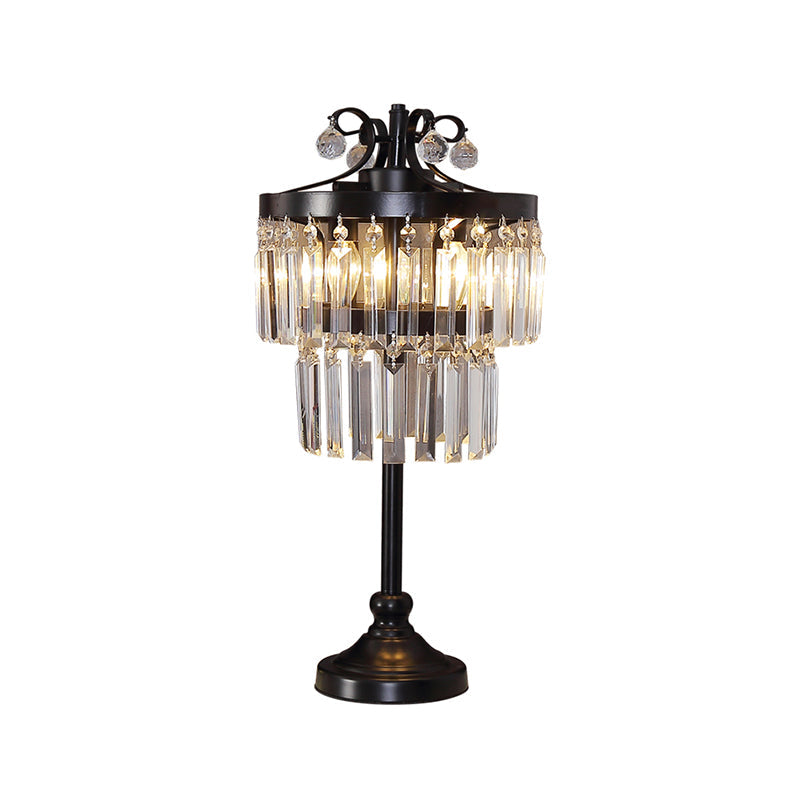 Crystal Dual-Layered Drum Table Lamp - Traditional Bedchamber Night Light (Black)