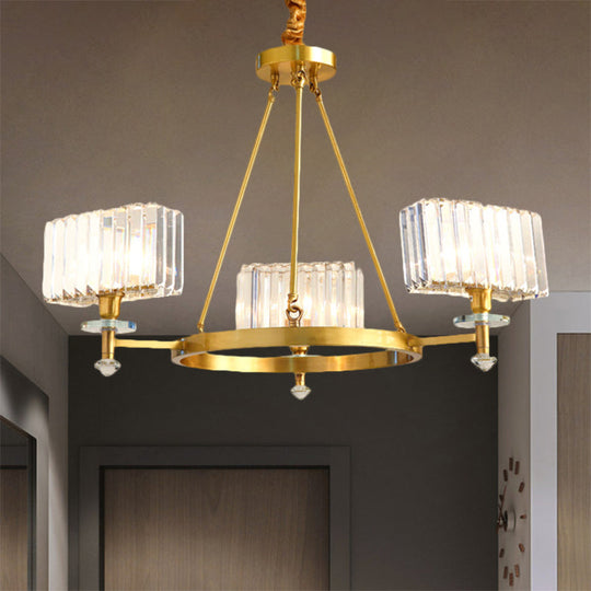 Gold Cuboid Crystal Pendant Chandelier: 3/6 Bulbs Suspension Lighting - Contemporary Design