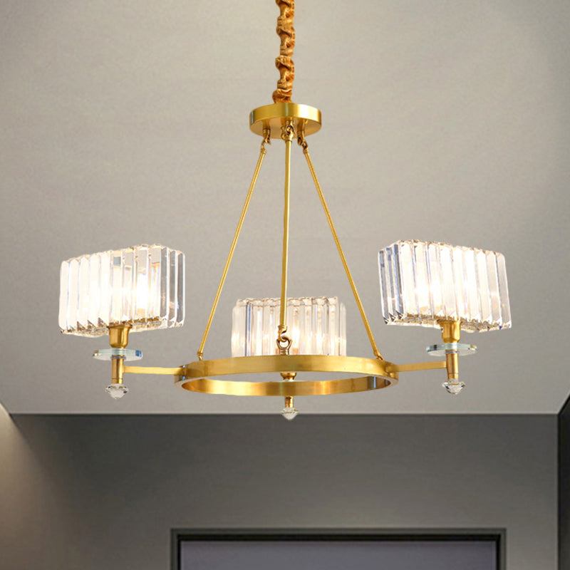 Gold Tone Cuboid Crystal Pendant Chandelier With 3/6 Bulbs For Contemporary Suspension Lighting