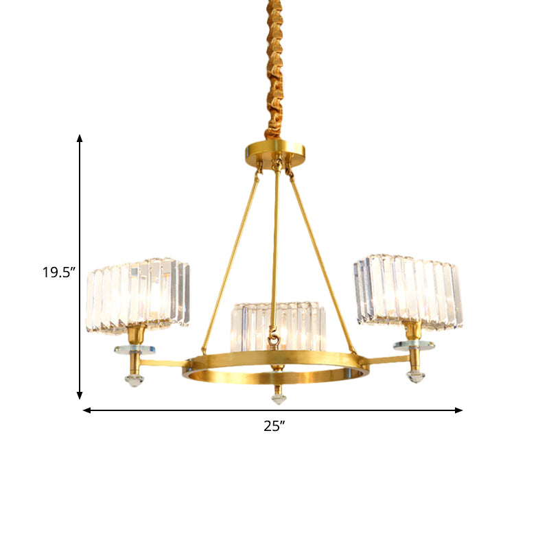 Gold Tone Cuboid Crystal Pendant Chandelier With 3/6 Bulbs For Contemporary Suspension Lighting