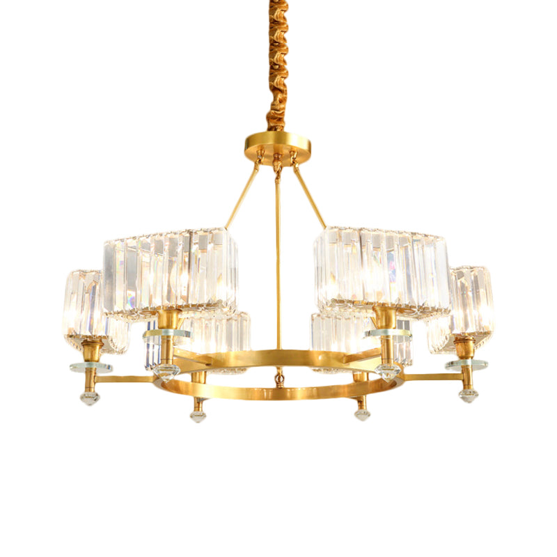 Gold Tone Cuboid Crystal Pendant Chandelier With 3/6 Bulbs For Contemporary Suspension Lighting