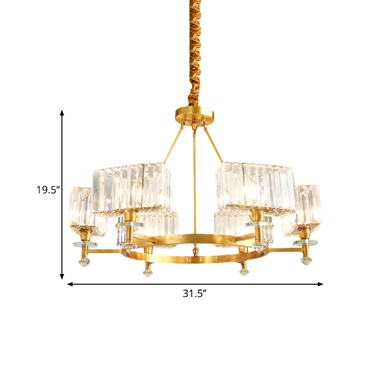 Gold Tone Cuboid Crystal Pendant Chandelier With 3/6 Bulbs For Contemporary Suspension Lighting