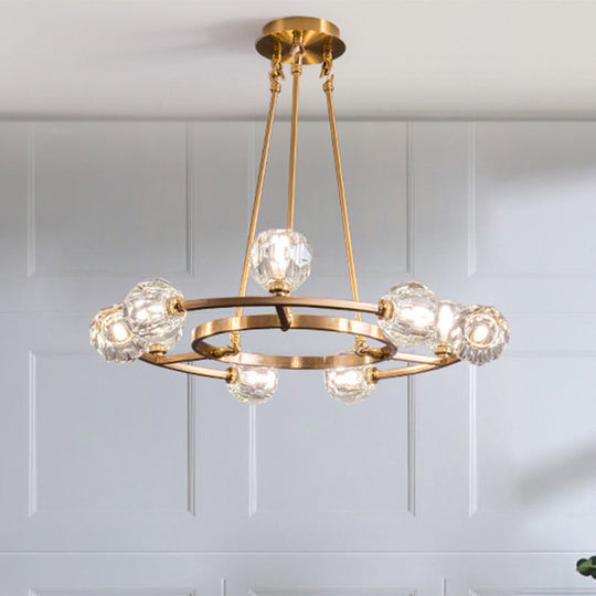 9-Head Modern Gold Chandelier With Crystal Balls - Elegant Hanging Light For Great Room