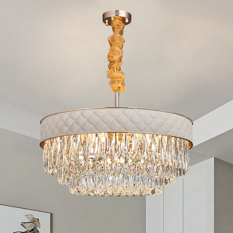 Contemporary Crystal Raindrops Chandelier - White, 9/15 Heads, Drum Ceiling Pendant (19.5"/23.5" Wide)