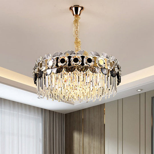 Contemporary Gold Round Chandelier With Clear Crystal Prismatic Bulbs - Ideal For Living Room Or