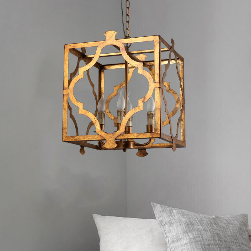 Antiqued Cube Cage Chandelier With 4 Lights - Brown Metal Candelabra Hanging Light Fixture