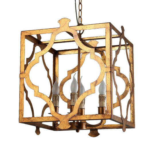 Antiqued Cube Cage Chandelier With 4 Lights - Brown Metal Candelabra Hanging Light Fixture