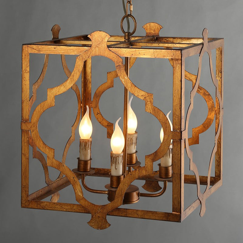 Antiqued Cube Cage Chandelier With 4 Lights - Brown Metal Candelabra Hanging Light Fixture