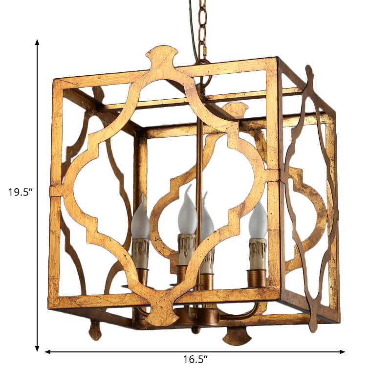 Antiqued Cube Cage Chandelier With 4 Lights - Brown Metal Candelabra Hanging Light Fixture