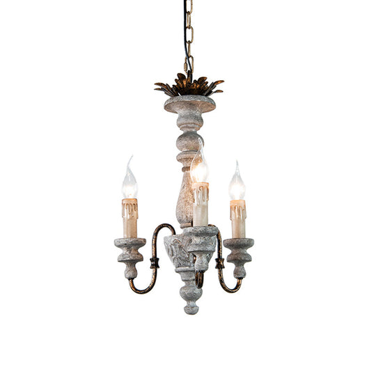 Rustic Wood Candle Chandelier With Grey Finish - 3-Bulb Hanging Ceiling Light