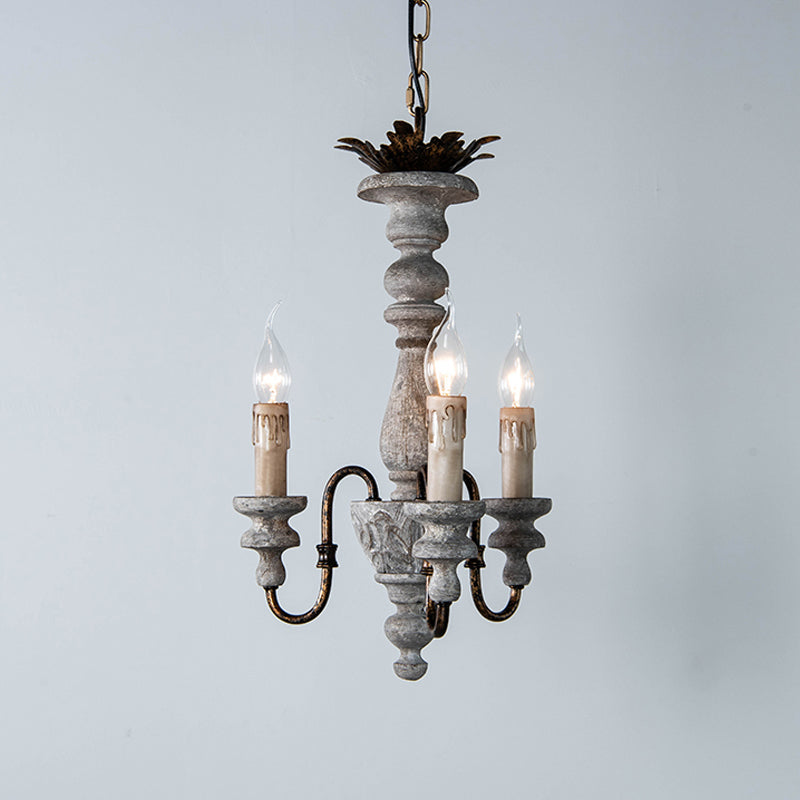 Rustic Wood Candle Chandelier With Grey Finish - 3-Bulb Hanging Ceiling Light