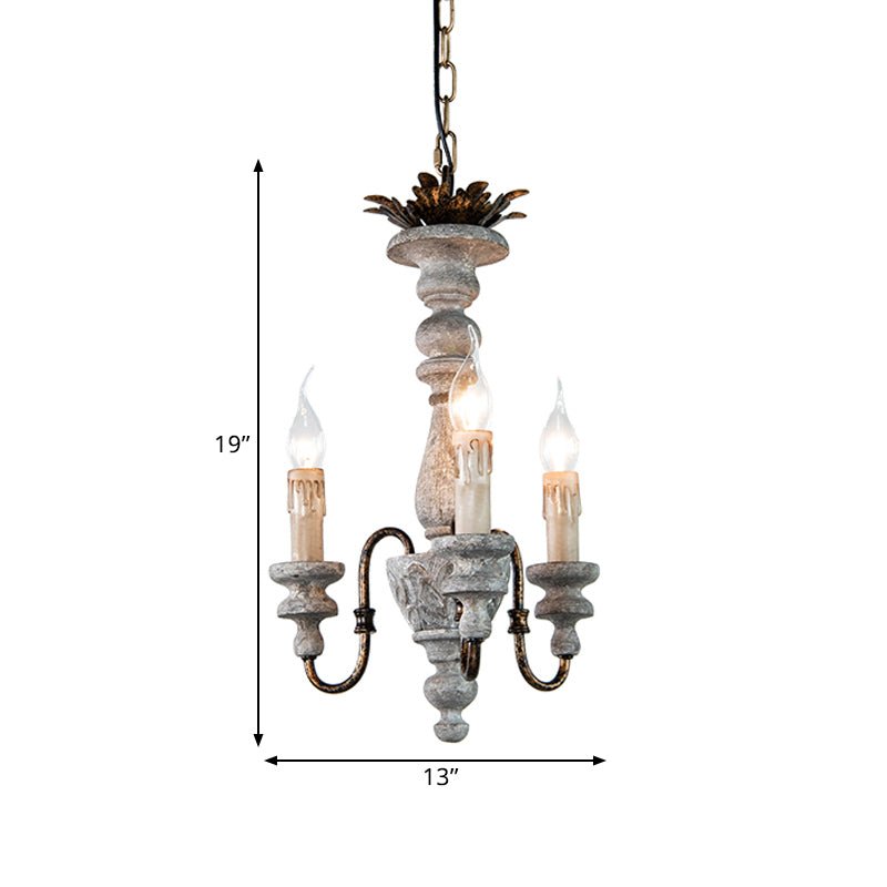 Rustic Wood Candle Chandelier With Grey Finish - 3-Bulb Hanging Ceiling Light