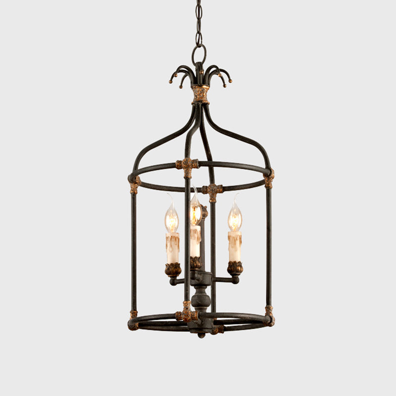 Rustic Birdcage Chandelier: Living Room Lighting Pendant Lamp | Metallic Black & Gold 3-Bulb