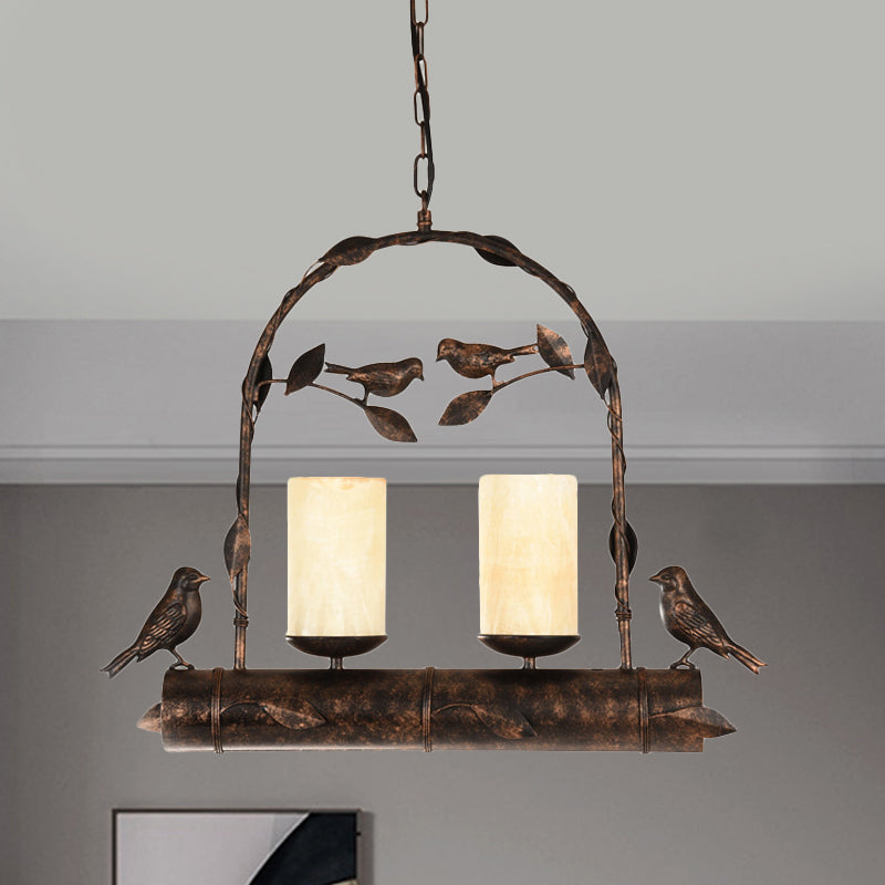 Vintage Bird Cage Chandelier With Opal Glass Shade In Antique Black - 2 Lights Pendant Hanging Lamp