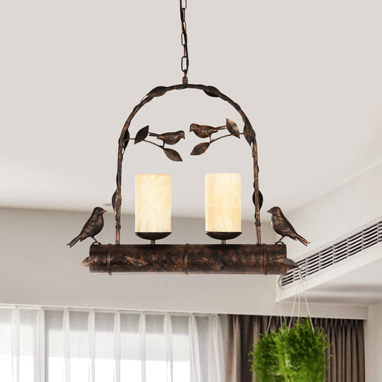 Vintage Bird Cage Chandelier With Opal Glass Shade In Antique Black - 2 Lights Pendant Hanging Lamp