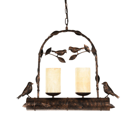 Vintage Bird Cage Chandelier With Opal Glass Shade In Antique Black - 2 Lights Pendant Hanging Lamp