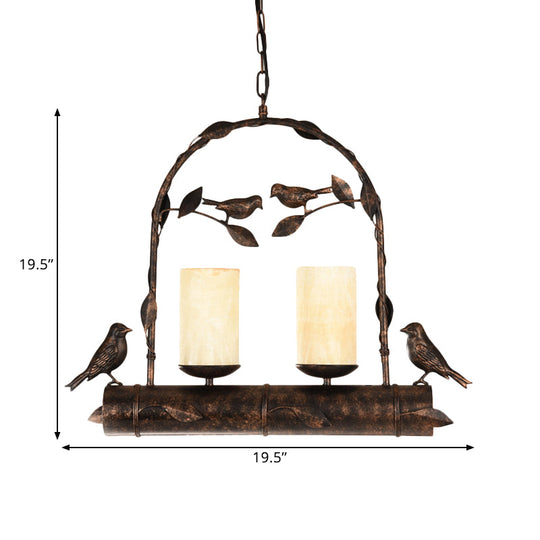 Vintage Bird Cage Chandelier With Opal Glass Shade In Antique Black - 2 Lights Pendant Hanging Lamp