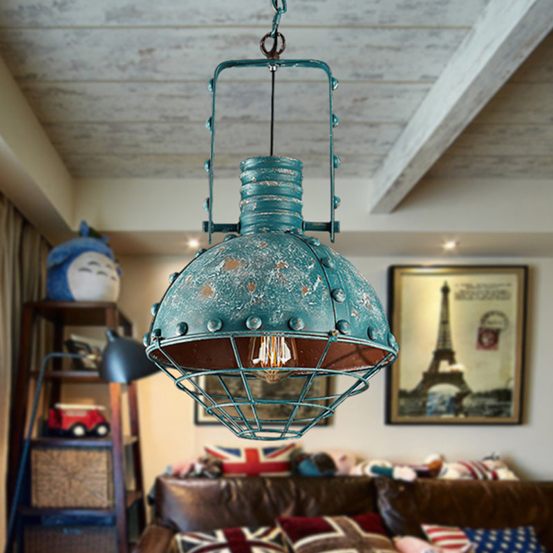 Rustic Wire Cage Pendant Lamp - Blue-Green Down Lighting Dining Room