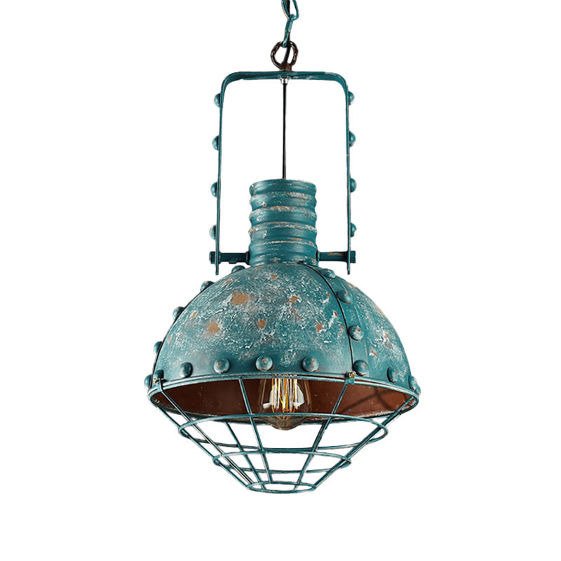 Blue-Green Wire Cage Pendant Lamp - Rustic Down Lighting with Metallic Finish for Dining Room