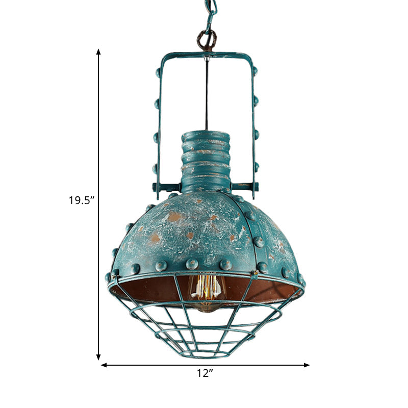 Blue-Green Wire Cage Pendant Lamp - Rustic Down Lighting with Metallic Finish for Dining Room