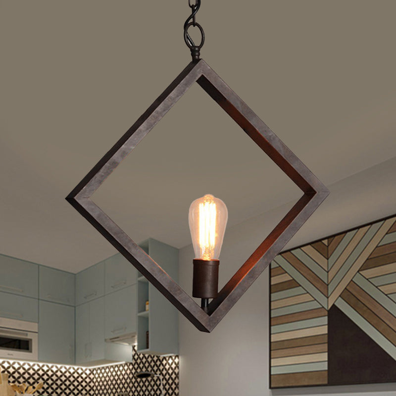 Industrial Metal Square Frame Ceiling Pendant Lamp - Black Suspension Light With Bare Bulb Design