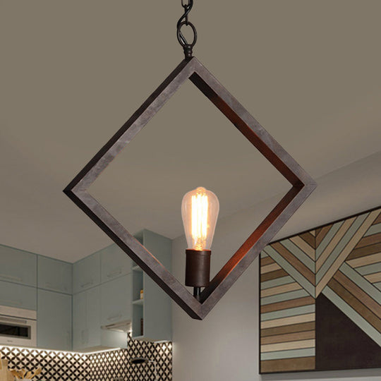 Industrial Metal Square Frame Ceiling Pendant Lamp - Black Suspension Light With Bare Bulb Design