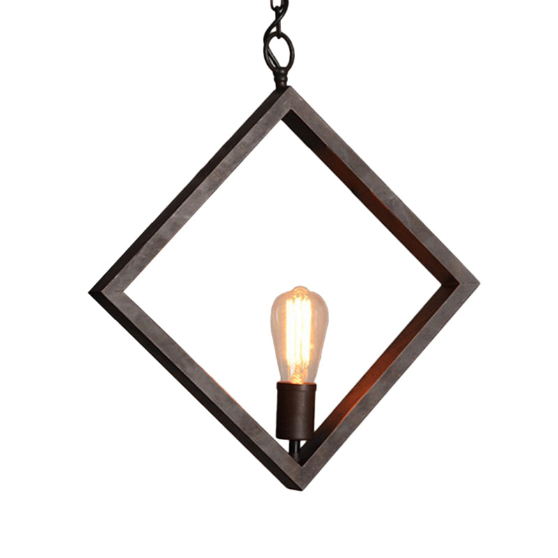 Industrial Metal Square Frame Ceiling Pendant Lamp - Black Suspension Light With Bare Bulb Design