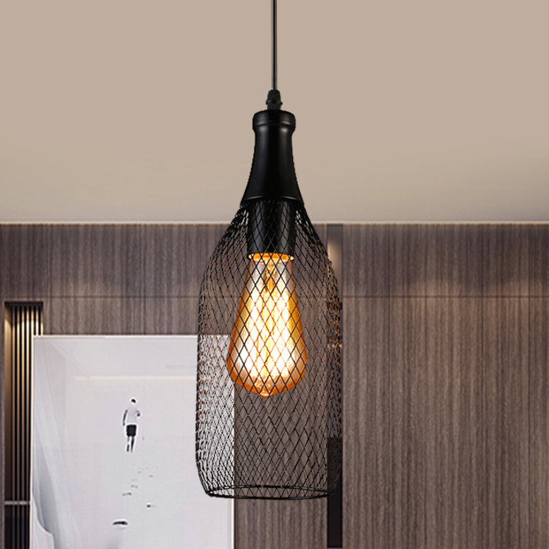 Industrial Style Black Iron Pendant Lamp with Mesh Bottle Design