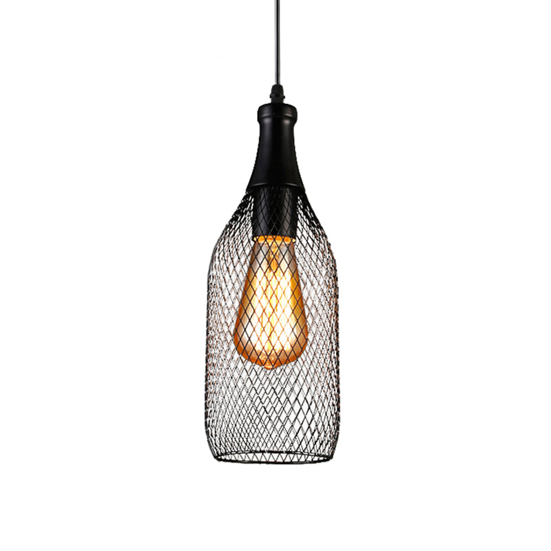 Industrial Style Black Iron Pendant Lamp with Mesh Bottle Design