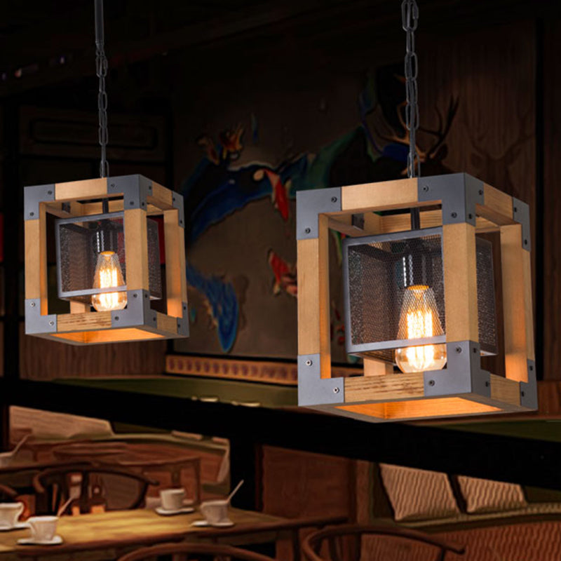 Cube Frame Wooden Pendant Lamp For Industrial Restaurant With 1 Light Hanging Fixture Wood