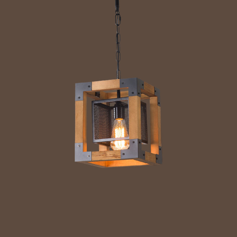 Cube Frame Wooden Pendant Lamp For Industrial Restaurant With 1 Light Hanging Fixture