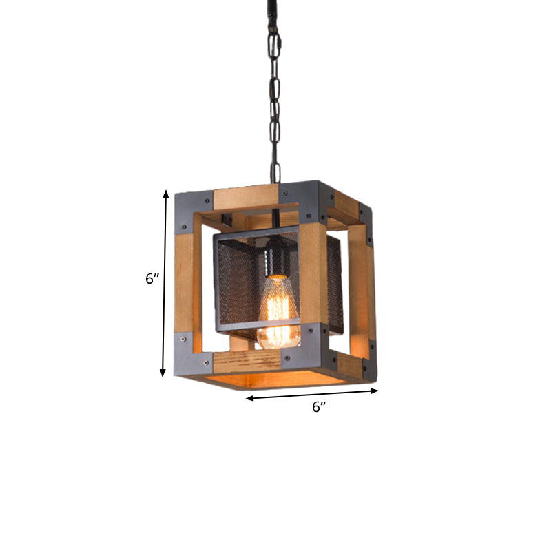 Cube Frame Wooden Pendant Lamp For Industrial Restaurant With 1 Light Hanging Fixture