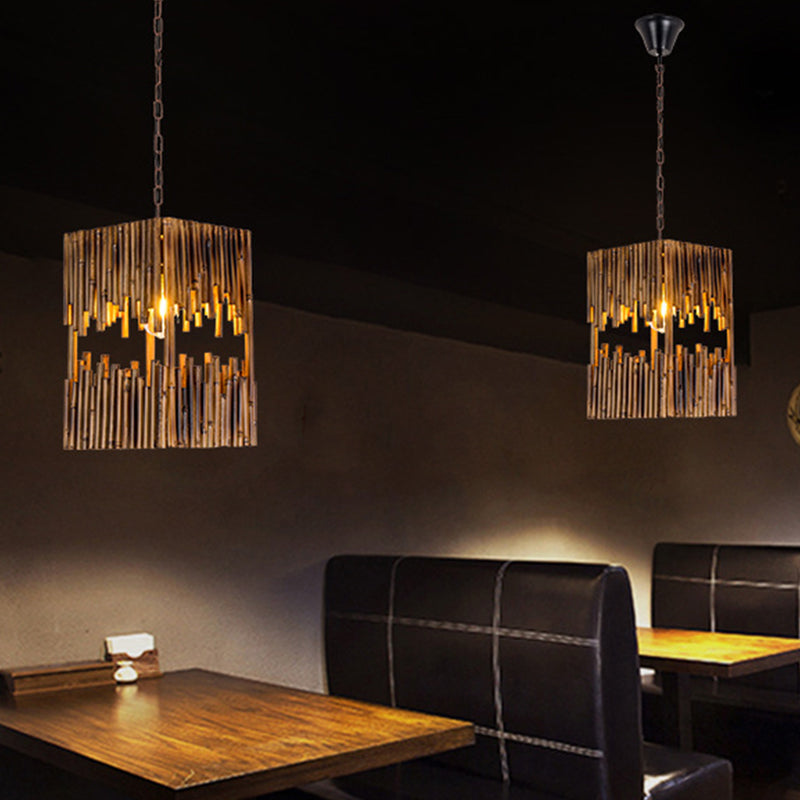 Bamboo Cuboid Pendant Lamp: Industrial Suspension Light with 1 Bulb for Restaurant Ceilings - Brown