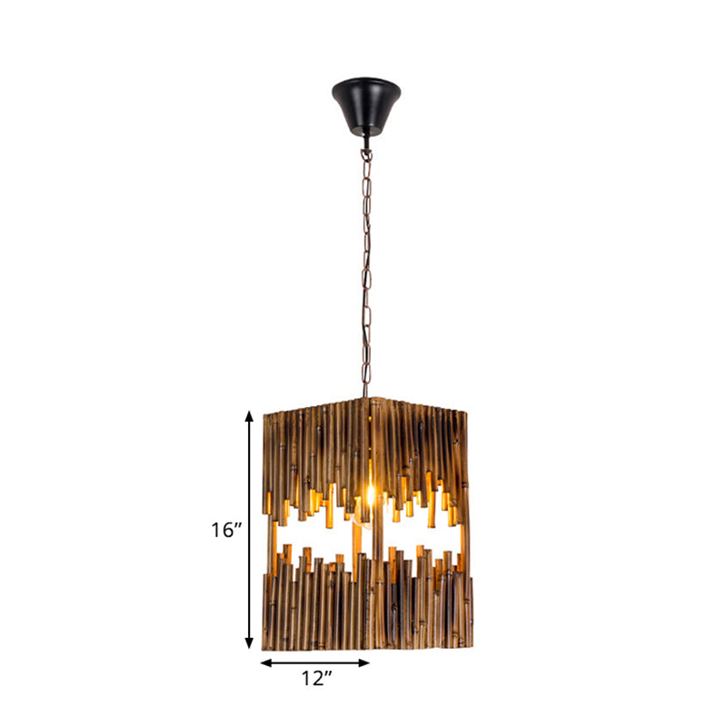 Bamboo Cuboid Pendant Lamp: Industrial Suspension Light with 1 Bulb for Restaurant Ceilings - Brown