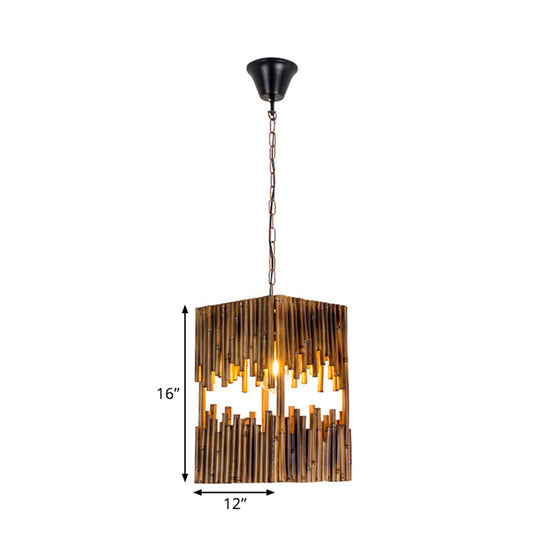 Bamboo Cuboid Pendant Lamp: Industrial Suspension Light with 1 Bulb for Restaurant Ceilings - Brown