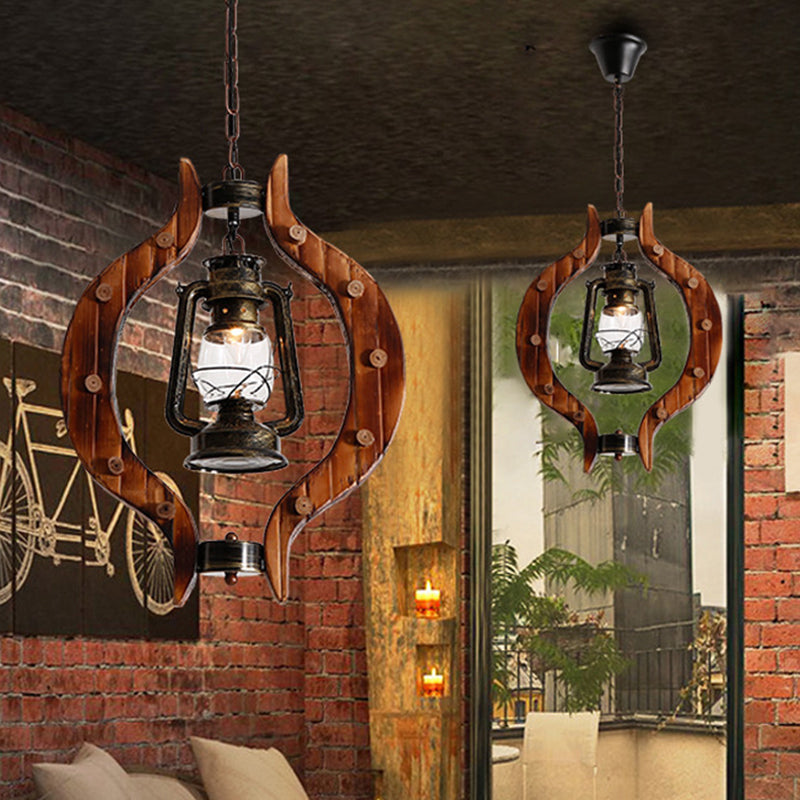 Coastal Style Bronze Kerosene Lamp Pendant With Wood Frame - Metal 1 Light Bar Hanging Fixture