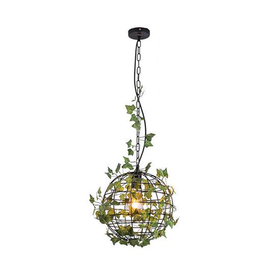 Industrial Style Globe Cage Ceiling Pendant Light with Artificial Plant Deco (1-Head, Black)