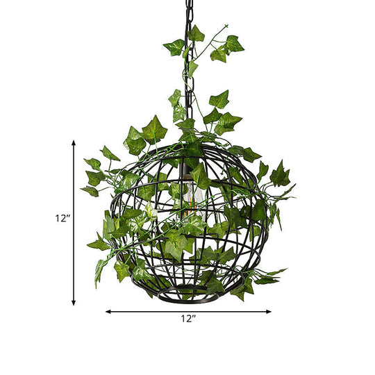 Industrial Globe Cage Ceiling Pendant Light With Iron Pendulum And Artificial Plant Deco In Black