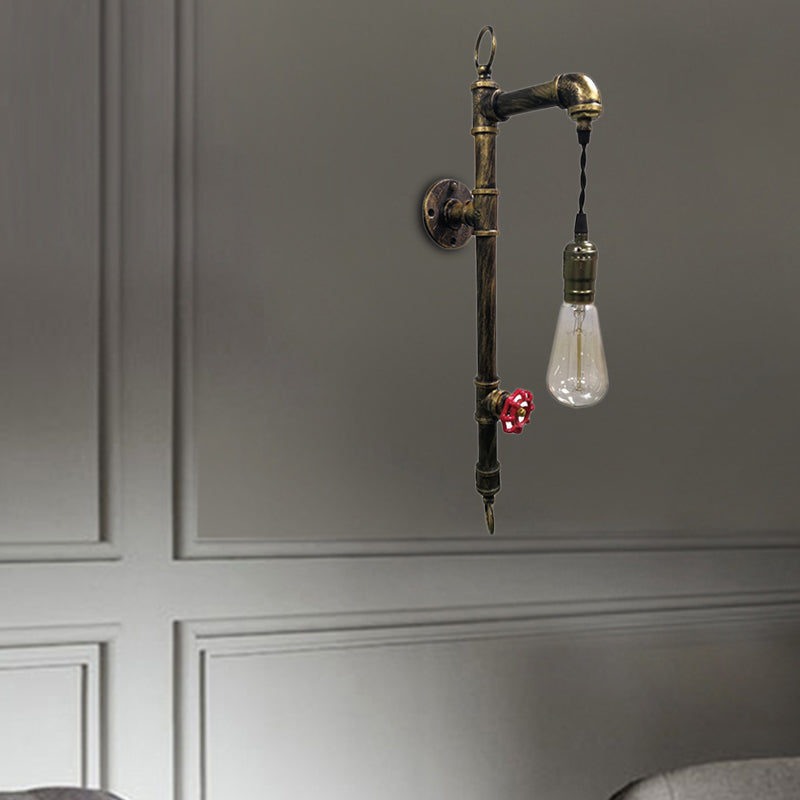 Rustic Antique Brass Pipe Wall Sconce With Industrial Iron And Hanging Bulb For Living Room