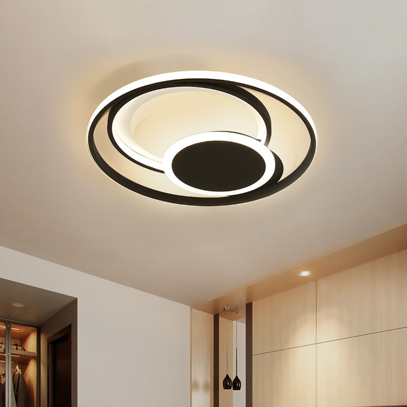 Hoop Bedroom Ceiling Light - Metal LED Flush Mount in Black - 16"/19.5" Wide - Contemporary Style - Warm/White Light