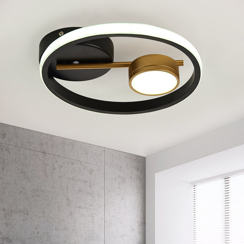 Contemporary LED Flush Light: Round Ceiling Mounted Metal; Black & White or Black & Gold; Warm or White Light