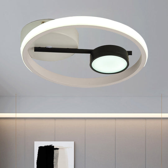 Contemporary LED Flush Light: Round Ceiling Mounted Metal; Black & White or Black & Gold; Warm or White Light