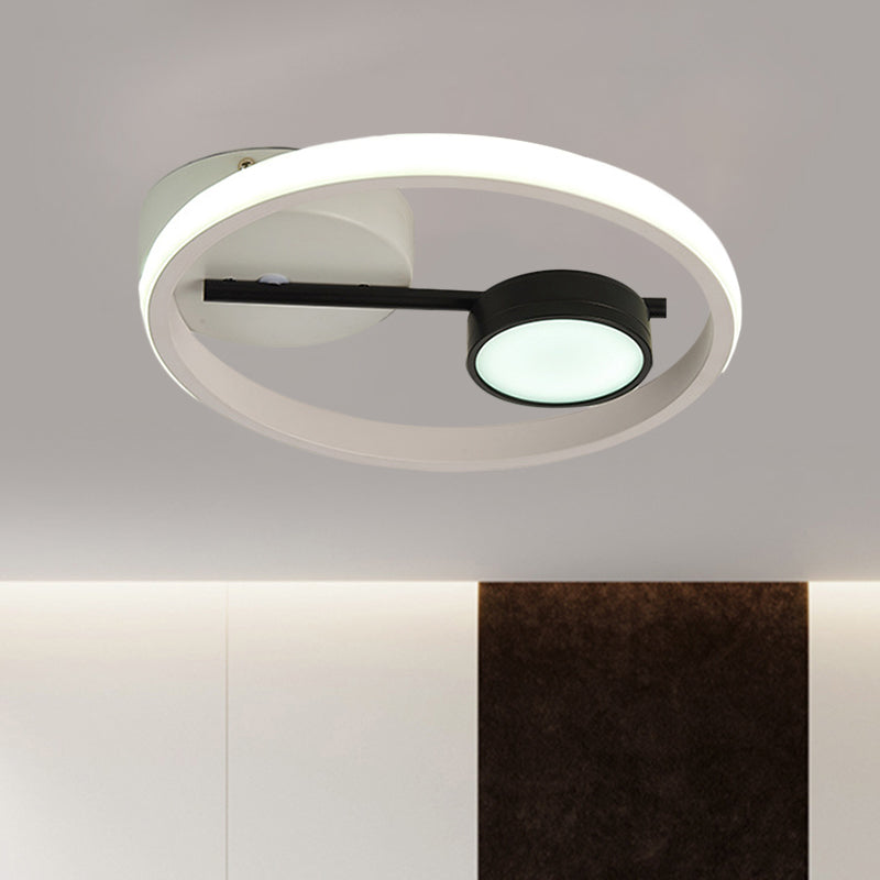 Contemporary LED Flush Light: Round Ceiling Mounted Metal; Black & White or Black & Gold; Warm or White Light