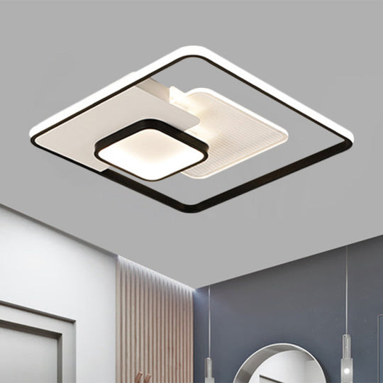 Modern Metallic Square Flush Ceiling Lamp with LED in Black/White & Warm/White, 16.5"/20.5" Wide