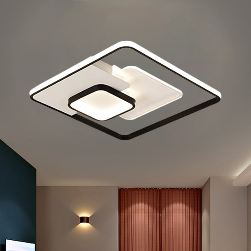 Modern Metallic Square Flush Ceiling Lamp with LED in Black/White & Warm/White, 16.5"/20.5" Wide