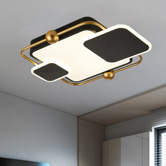 Metallic Rectangular Ceiling Light in Modernist Black/Gold and Black finish with Warm/White LED Flush Mount, 19.5"/23.5" Long